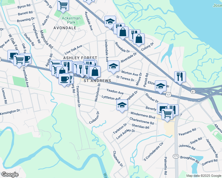 map of restaurants, bars, coffee shops, grocery stores, and more near 20 Yeadon Avenue in Charleston