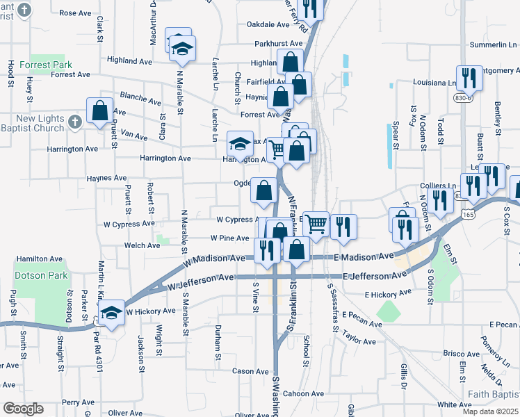 map of restaurants, bars, coffee shops, grocery stores, and more near 300-324 North Vine Street in Bastrop