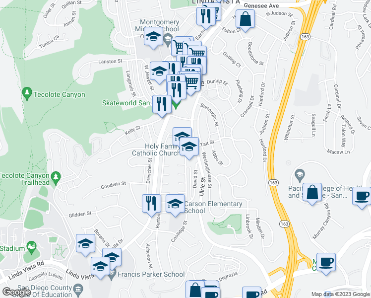 map of restaurants, bars, coffee shops, grocery stores, and more near Tait St & Coolidge St in San Diego