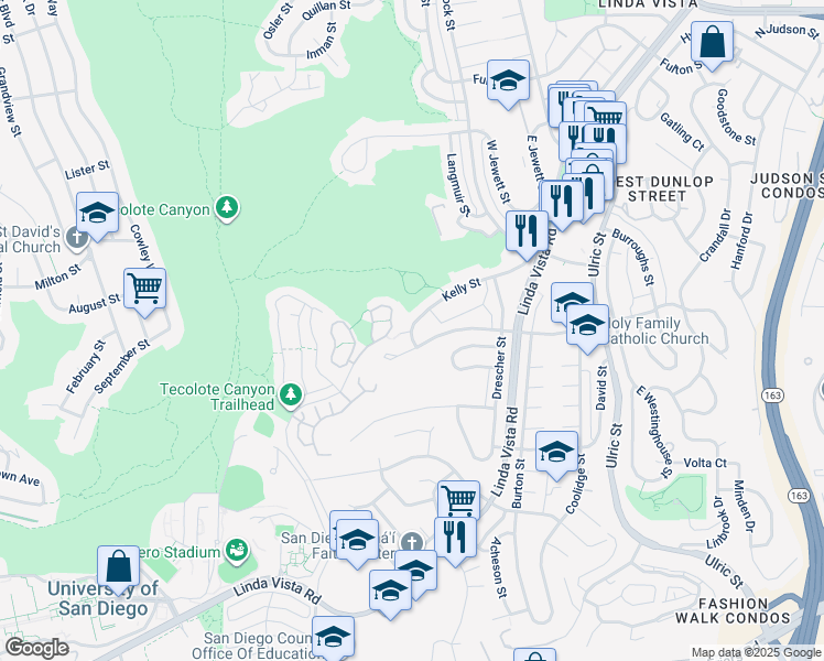 map of restaurants, bars, coffee shops, grocery stores, and more near 6522 Kelly St in San Diego