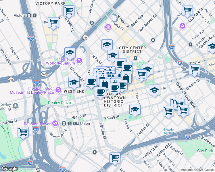 map of restaurants, bars, coffee shops, grocery stores, and more near 215 North Field Street in Dallas