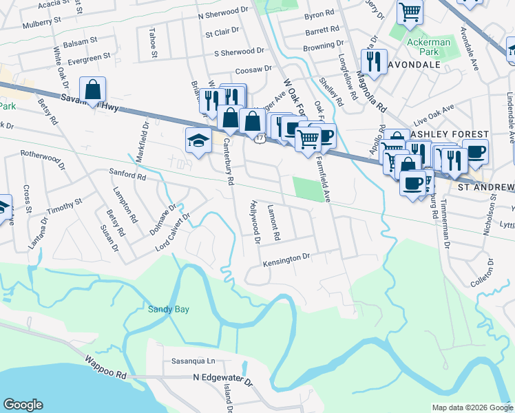 map of restaurants, bars, coffee shops, grocery stores, and more near 340 Hollywood Drive in Charleston
