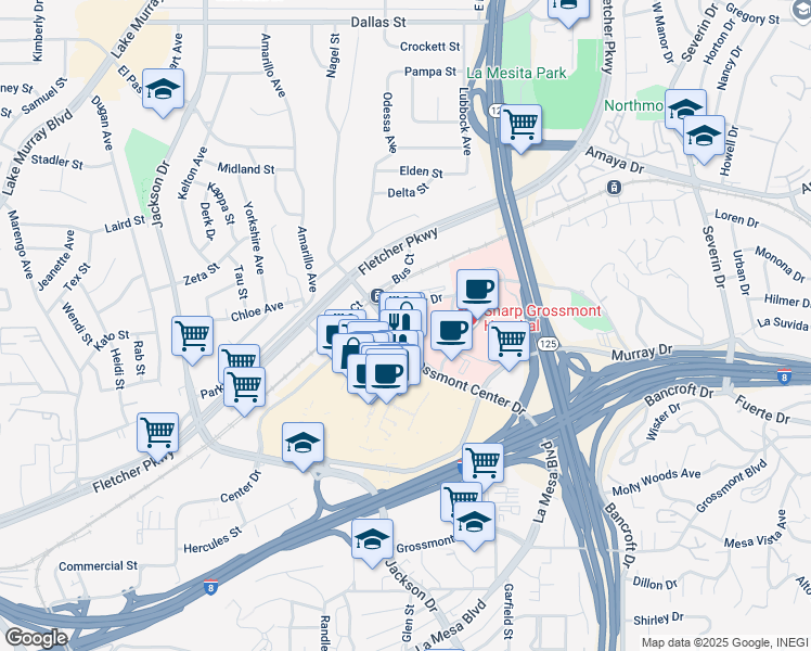 map of restaurants, bars, coffee shops, grocery stores, and more near 5565 Grossmont Center Drive in La Mesa