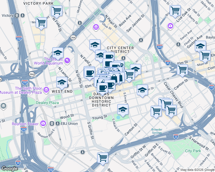 map of restaurants, bars, coffee shops, grocery stores, and more near 1509 Main Street in Dallas