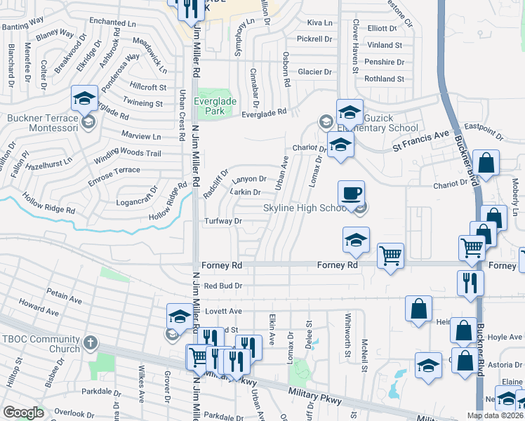 map of restaurants, bars, coffee shops, grocery stores, and more near 7136 Grey Dawn Lane in Dallas