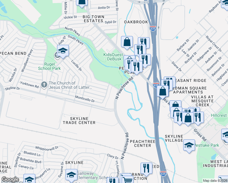 map of restaurants, bars, coffee shops, grocery stores, and more near 1011 North Peachtree Road in Mesquite
