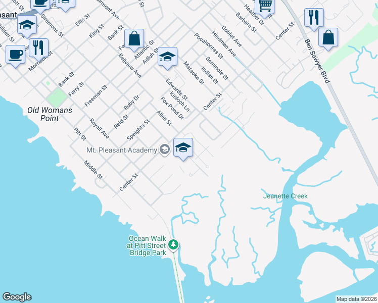 map of restaurants, bars, coffee shops, grocery stores, and more near 1523 Barquentine Drive in Mount Pleasant