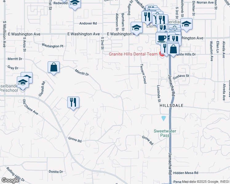 map of restaurants, bars, coffee shops, grocery stores, and more near 1374 Merritt Drive in El Cajon