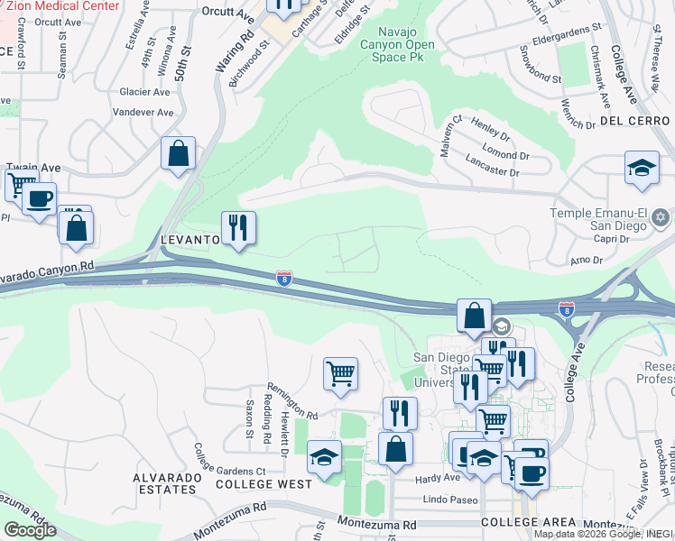 map of restaurants, bars, coffee shops, grocery stores, and more near 5523 Adobe Falls Road in San Diego