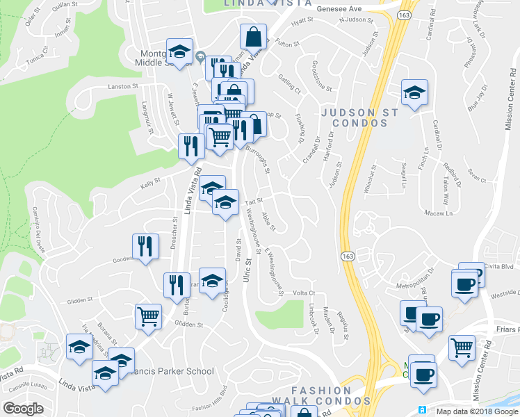 map of restaurants, bars, coffee shops, grocery stores, and more near 2026 Abbe Street in San Diego
