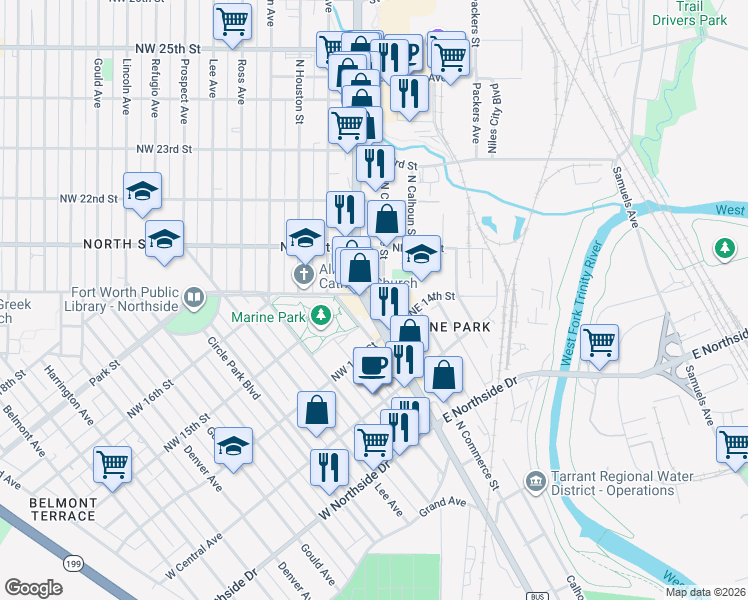 map of restaurants, bars, coffee shops, grocery stores, and more near 1540 North Main Street in Fort Worth