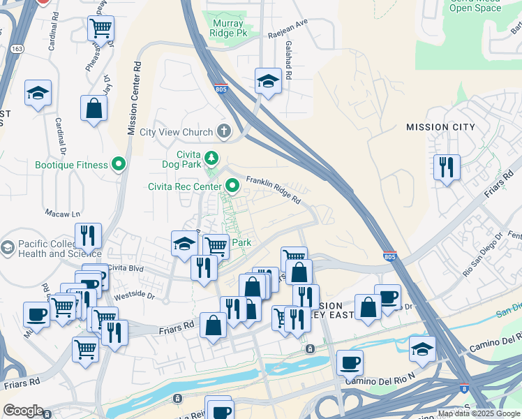 map of restaurants, bars, coffee shops, grocery stores, and more near 2616 Everly Drive in San Diego