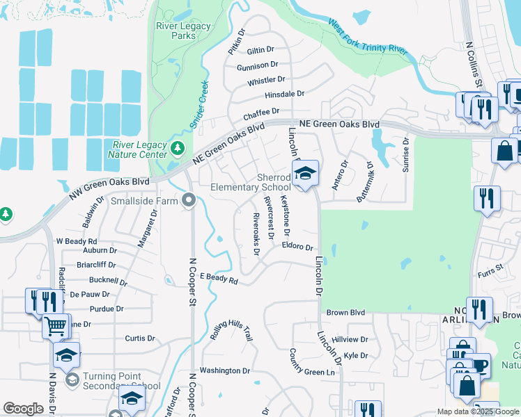 map of restaurants, bars, coffee shops, grocery stores, and more near 2625 Riveroaks Drive in Arlington