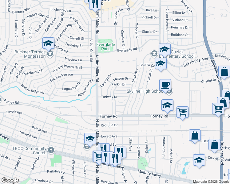 map of restaurants, bars, coffee shops, grocery stores, and more near 7104 Grey Dawn Lane in Dallas