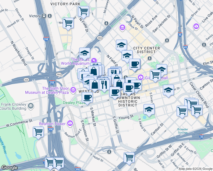 map of restaurants, bars, coffee shops, grocery stores, and more near in Dallas