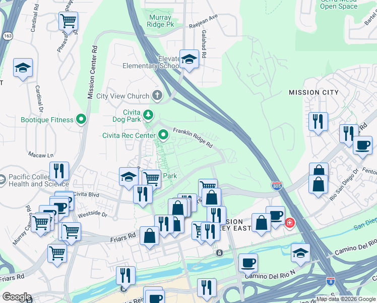 map of restaurants, bars, coffee shops, grocery stores, and more near 2655 Everly Drive in San Diego