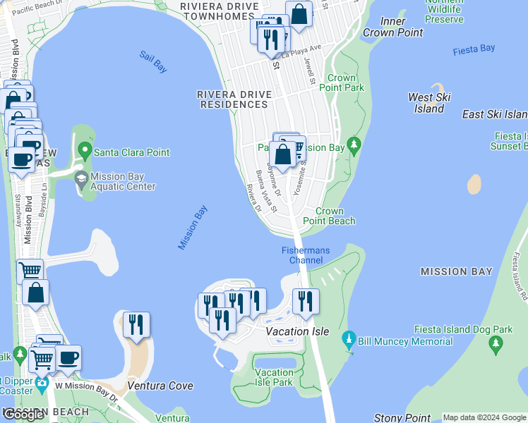 map of restaurants, bars, coffee shops, grocery stores, and more near 3403 Riviera Drive in San Diego