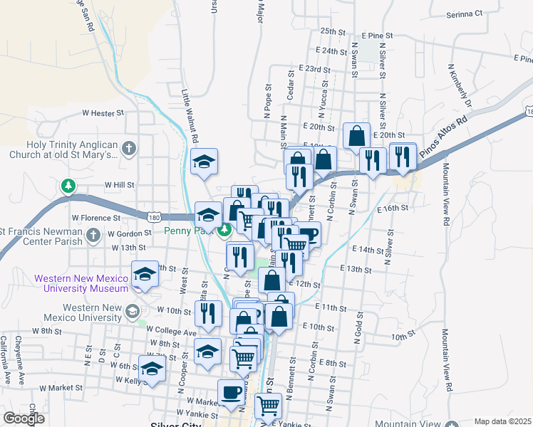 map of restaurants, bars, coffee shops, grocery stores, and more near 1506 Silver Heights Boulevard in Silver City