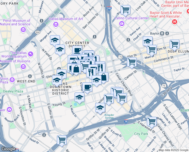 map of restaurants, bars, coffee shops, grocery stores, and more near Commerce Street in Dallas