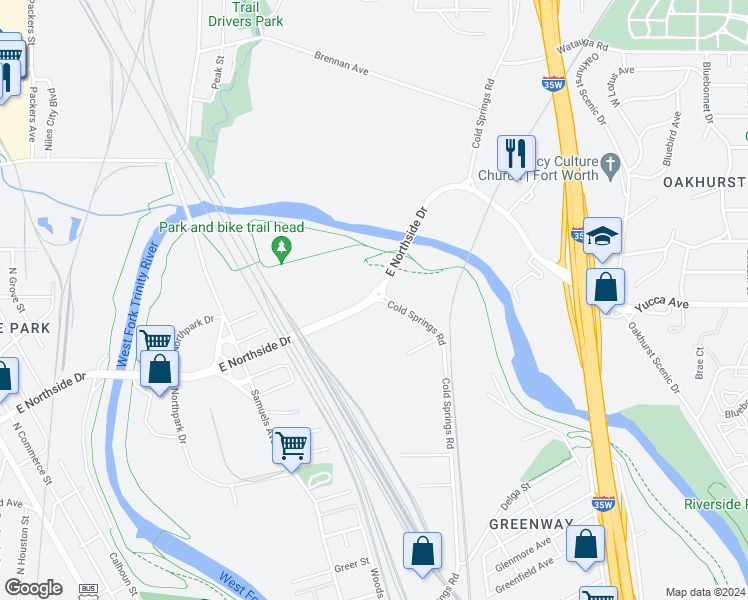 map of restaurants, bars, coffee shops, grocery stores, and more near 1801 East Northside Drive in Fort Worth