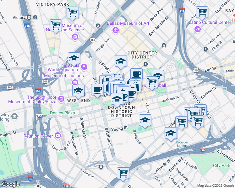 map of restaurants, bars, coffee shops, grocery stores, and more near 1306 Elm Street in Dallas