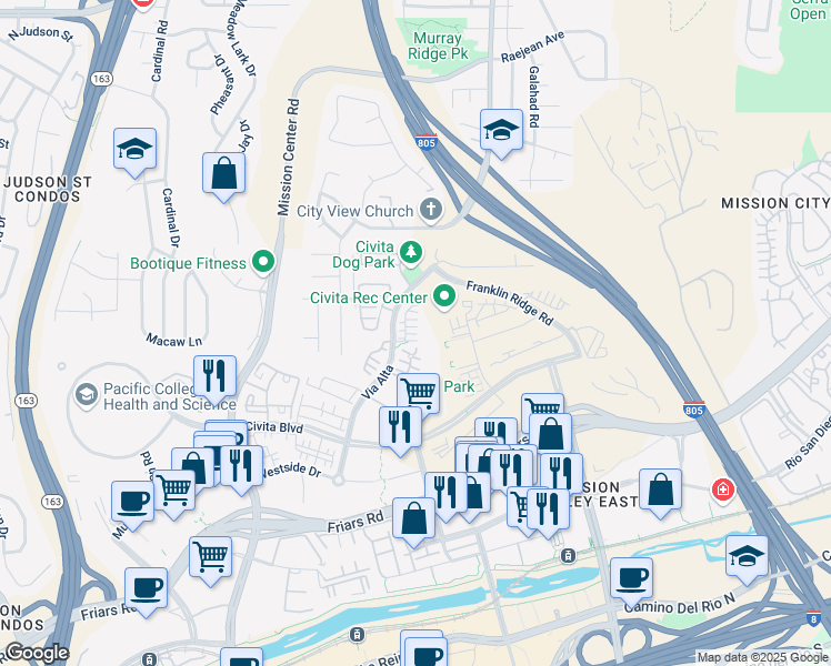 map of restaurants, bars, coffee shops, grocery stores, and more near 8301 Distinctive Drive in San Diego