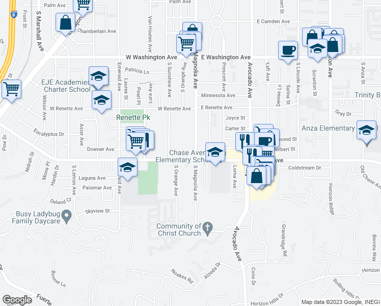map of restaurants, bars, coffee shops, grocery stores, and more near 1076 South Magnolia Avenue in El Cajon