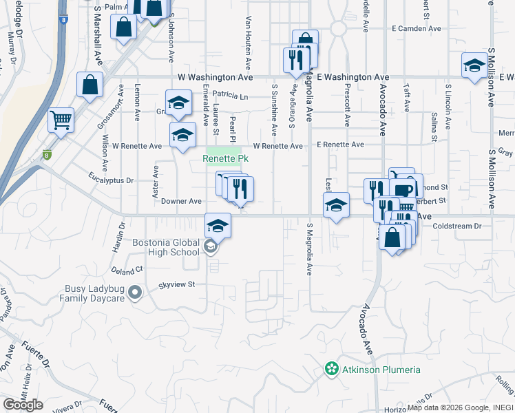 map of restaurants, bars, coffee shops, grocery stores, and more near 370 West Chase Avenue in El Cajon