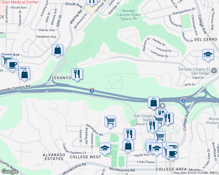 map of restaurants, bars, coffee shops, grocery stores, and more near 5523 Adobe Falls Road in San Diego