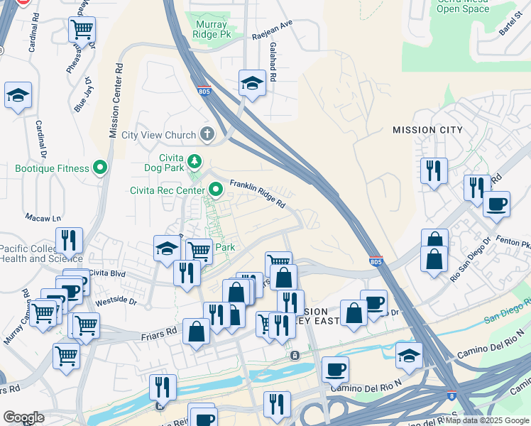 map of restaurants, bars, coffee shops, grocery stores, and more near 2852 Avella Circle in San Diego