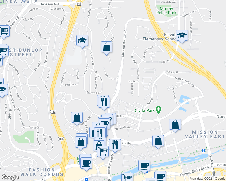 map of restaurants, bars, coffee shops, grocery stores, and more near 5830 Mission Center Road in San Diego