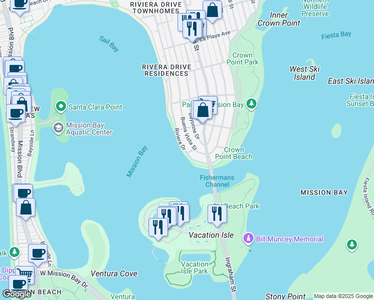 map of restaurants, bars, coffee shops, grocery stores, and more near 3415 Riviera Drive in San Diego