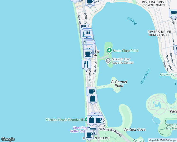 map of restaurants, bars, coffee shops, grocery stores, and more near 3633 Ocean Front Walk in San Diego