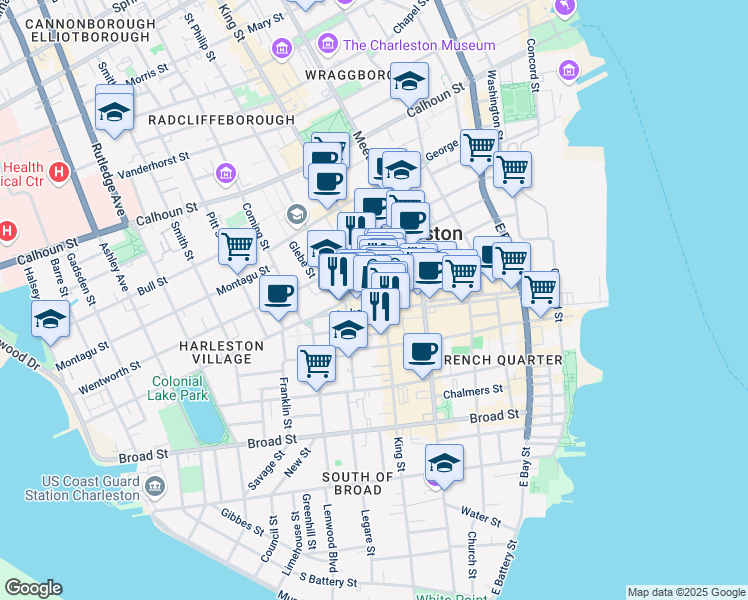map of restaurants, bars, coffee shops, grocery stores, and more near in Charleston