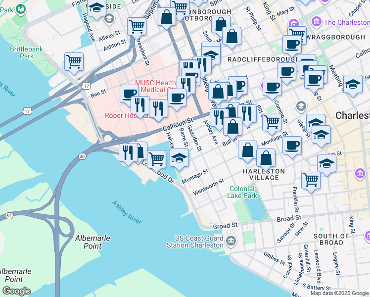 map of restaurants, bars, coffee shops, grocery stores, and more near 59C Barre Street in Charleston