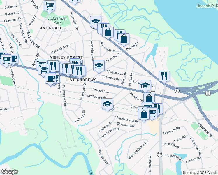 map of restaurants, bars, coffee shops, grocery stores, and more near 659 Savannah Highway in Charleston