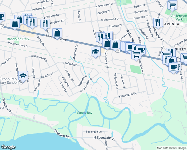 map of restaurants, bars, coffee shops, grocery stores, and more near 47 Dolmane Drive in Charleston