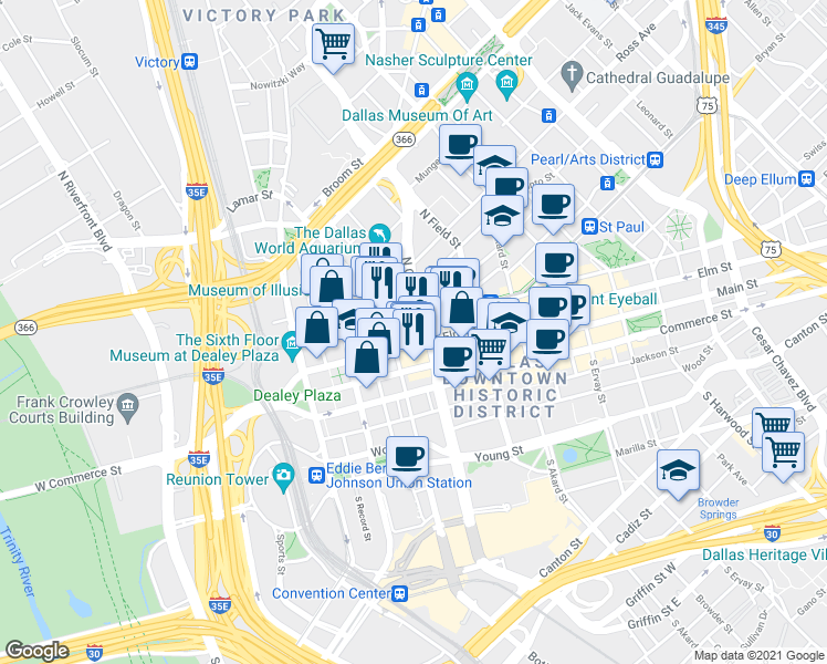 map of restaurants, bars, coffee shops, grocery stores, and more near in Dallas