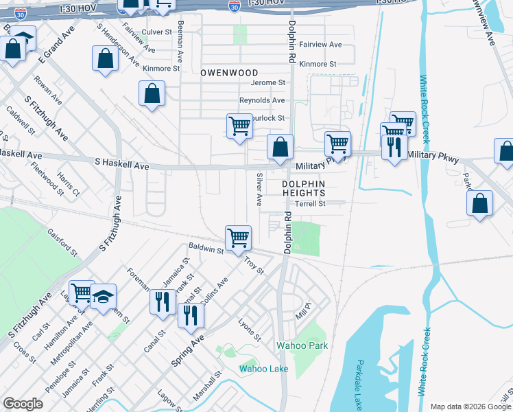 map of restaurants, bars, coffee shops, grocery stores, and more near 4709 Silver Avenue in Dallas