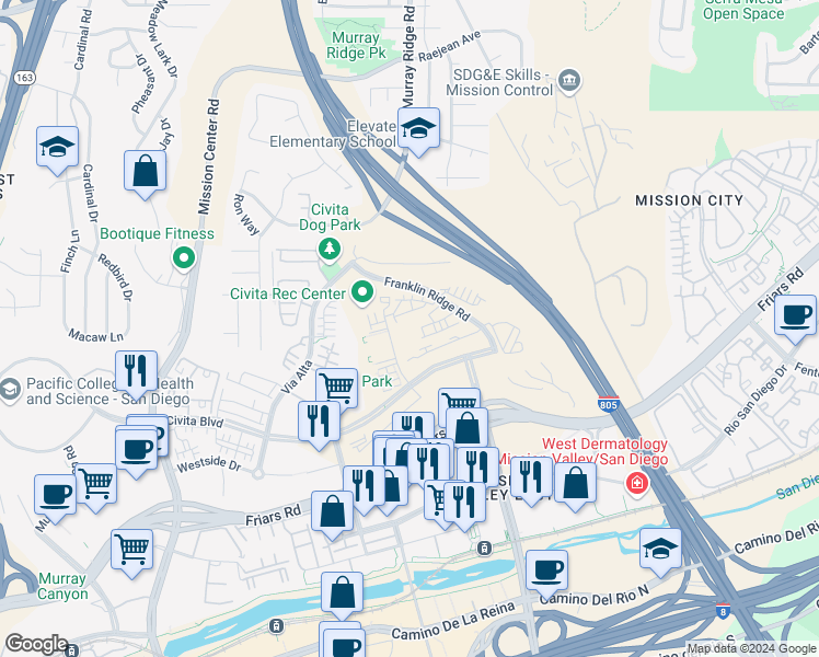 map of restaurants, bars, coffee shops, grocery stores, and more near in San Diego