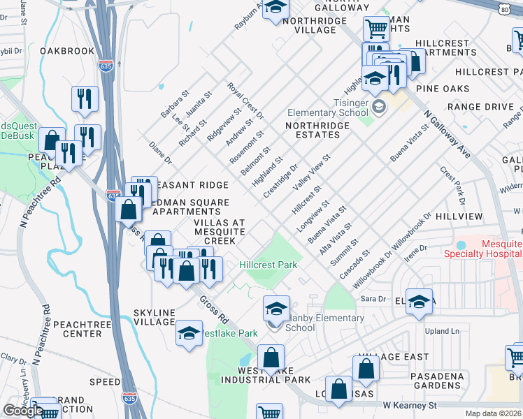 map of restaurants, bars, coffee shops, grocery stores, and more near 1811 Lee Street in Mesquite