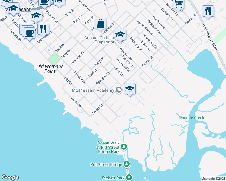 map of restaurants, bars, coffee shops, grocery stores, and more near 542 Center Street in Mount Pleasant