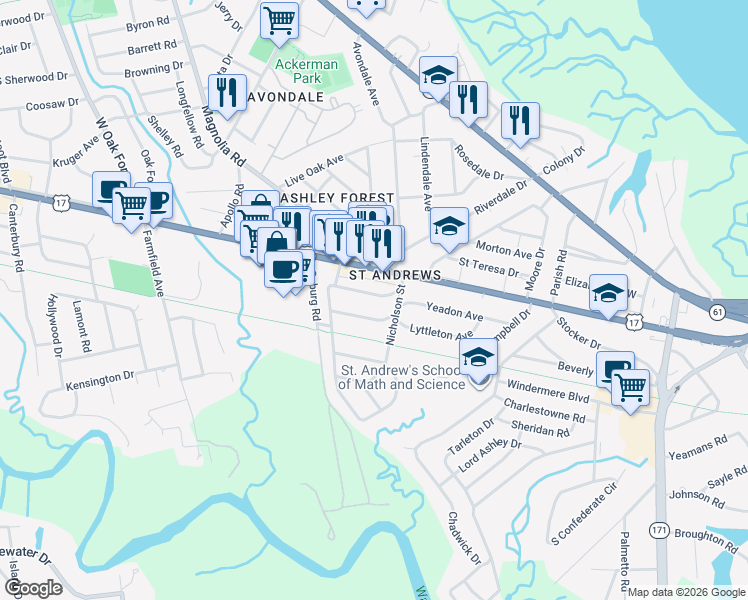map of restaurants, bars, coffee shops, grocery stores, and more near 9 Craven Avenue in Charleston