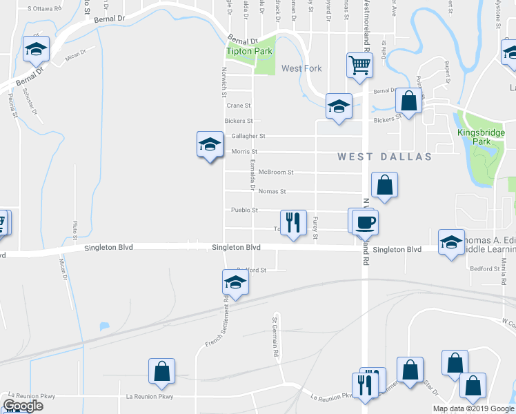 map of restaurants, bars, coffee shops, grocery stores, and more near 3635 Pueblo Street in Dallas