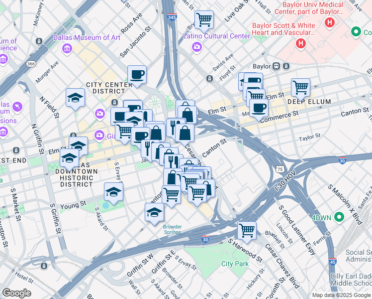 map of restaurants, bars, coffee shops, grocery stores, and more near 308 South Cesar Chavez Boulevard in Dallas