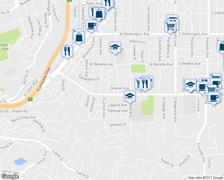 map of restaurants, bars, coffee shops, grocery stores, and more near 755 Downer Avenue in El Cajon