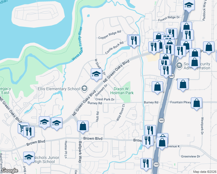 map of restaurants, bars, coffee shops, grocery stores, and more near 2624 Tillman Drive in Arlington