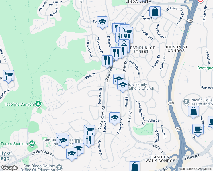 map of restaurants, bars, coffee shops, grocery stores, and more near 6810 Tait Street in San Diego