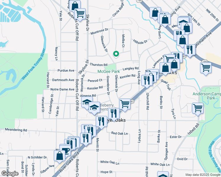 map of restaurants, bars, coffee shops, grocery stores, and more near 1304 Greenbrier Dr in River Oaks