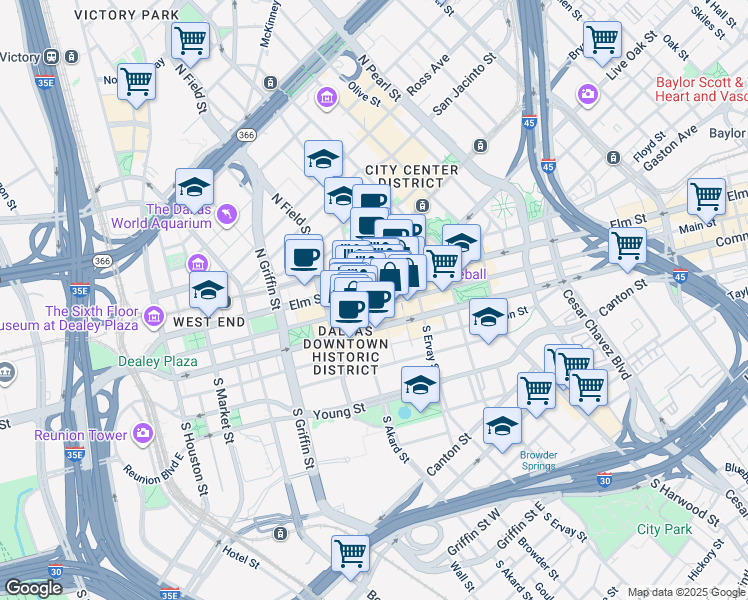 map of restaurants, bars, coffee shops, grocery stores, and more near in Dallas